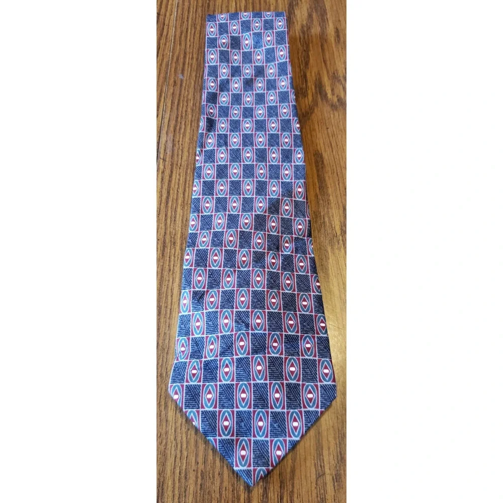 Henry Grethel Mens Necktie Tie Blue Red Checkerboard Pattern Geometric Silk